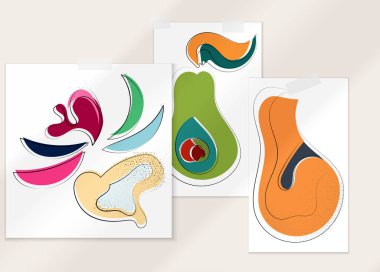 Gölge kaplamalı soyut el çizimi vektör çizimi poster. Çizgi sanatsal çizim ve doku. Retro düz renkler organik doğal tasarım. Organik sağlıklı vejetaryen karalaması..