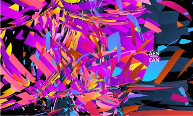 Parlak renkli küçük parçacık patlaması içeren soyut iniş sayfası şablonu. Spor müziği sosyal medya düzeni. Dış uzay hareketli optik sanat dinamik arka planı. Gelecekçi vektör.