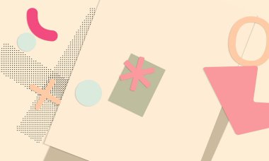 Soyut kağıt kesimi üst görünüm. Kağıt kesikli arka plan şablonu geometrik şekiller düz ve 3D gerçekçi gölge ile yatıyordu. Pastel renkler. Vektör sancak kağıt biçimi.