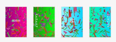 Değişken arkaplan üzerinde küçük parlak kağıt parçaları olan soyut el ilanı şablonları. Bozuk gradyan çizgileri olan dinamik modern tasarım. Basit renkli fütürist elementler.