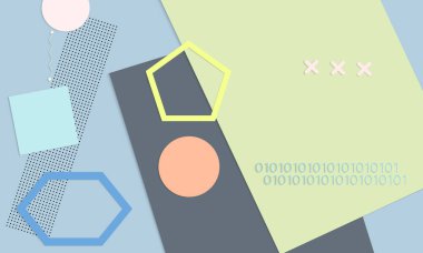 Soyut kağıt kesimi üst görünüm. Kağıt kesikli arka plan şablonu geometrik şekiller düz ve 3D gerçekçi gölge ile yatıyordu. Pastel renkler. Vektör sancak kağıt biçimi.