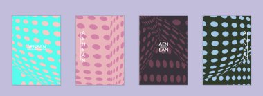 Görsel bozulma etkisiyle soyut yarım ton uçucu şablonu. Optik sanat geçmişi. Çarpık üç boyutlu uzay. Düz arkaplan üzerinde daireleri olan gelecekçi vektör illüstrasyonu