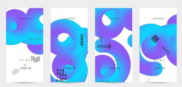 Яркие цветные рекламные шаблоны с 3D жидкой формой на белых и простых черных геометрических фигурах. Набор плакатов жидкого цвета. Творческая 3D смесь формирует динамическую композицию.