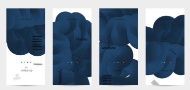 Beyaz ve basit siyah geometrik şekiller üzerinde 3D sıvı şekilli parlak renkli reklam şablonları. Akışkan renk pankartları ayarlandı. Yaratıcı 3B karışım, dinamik bileşimi şekillendirir.