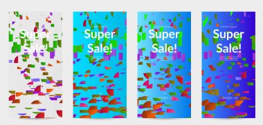 Soyut öyküler, arka planda küçük parlak kağıt parçaları olan şablonlar. Bozuk gradyan çizgileri olan dinamik modern tasarım. Basit renkli fütürist elementler.