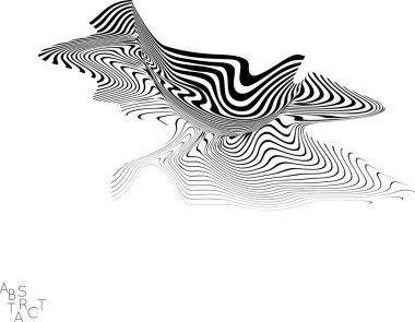 Soyut çizgili dalgalı şekil. Optik sanat geçmişi. Üç boyutlu mermer dokusu. Siyah ve beyaz çizgili desen. Gelecekçi vektör çizimi izole edildi.