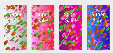 Soyut öyküler, arka planda küçük parlak kağıt parçaları olan şablonlar. Bozuk gradyan çizgileri olan dinamik modern tasarım. Basit renkli fütürist elementler.