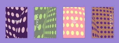 Görsel bozulma etkisiyle soyut yarım ton uçucu şablonu. Optik sanat geçmişi. Çarpık üç boyutlu uzay. Düz arkaplan üzerinde daireleri olan gelecekçi vektör illüstrasyonu