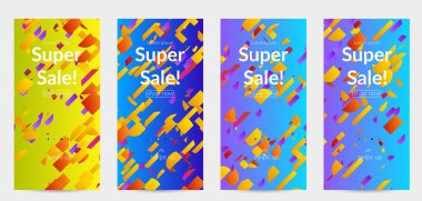 Soyut öyküler, arka planda küçük parlak kağıt parçaları olan şablonlar. Bozuk gradyan çizgileri olan dinamik modern tasarım. Basit renkli fütürist elementler.