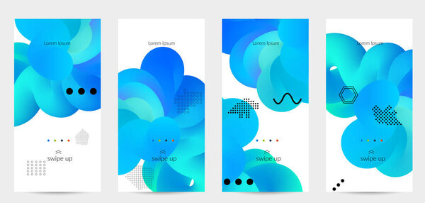 Яркие цветные рекламные шаблоны с 3D жидкой формой на белых и простых черных геометрических фигурах. Набор плакатов жидкого цвета. Творческая 3D смесь формирует динамическую композицию.