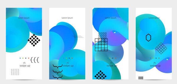 Яркие цветные рекламные шаблоны с 3D жидкой формой на белых и простых черных геометрических фигурах. Набор плакатов жидкого цвета. Творческая 3D смесь формирует динамическую композицию.