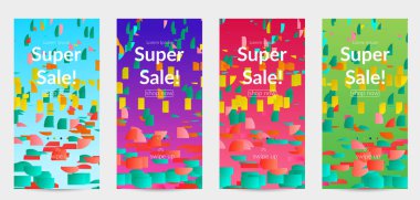 Soyut öyküler, arka planda küçük parlak kağıt parçaları olan şablonlar. Bozuk gradyan çizgileri olan dinamik modern tasarım. Basit renkli fütürist elementler.