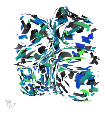 Küçük parçacık patlamasından oluşan soyut fütüristik şekil. Optik sanat geometrik arka planı ve yüksek hareket hızı. Beyazda izole edilmiş geleceksel vektör illüstrasyonu