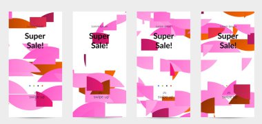 Parlak renkli rastgele çizgileri olan soyut öyküler. Dağılmış geometrik şekilli dinamik modern tasarım. Basit renkli fütürist elementler. Spor müziği sosyal medya düzeni.