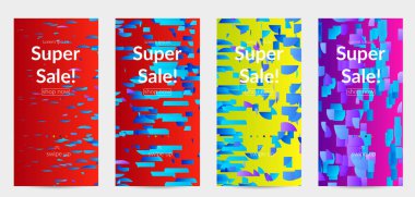 Soyut öyküler, arka planda küçük parlak kağıt parçaları olan şablonlar. Bozuk gradyan çizgileri olan dinamik modern tasarım. Basit renkli fütürist elementler.