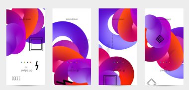 Beyaz ve basit siyah geometrik şekiller üzerinde 3D sıvı şekilli parlak renkli reklam şablonları. Akışkan renk pankartları ayarlandı. Yaratıcı 3B karışım, dinamik bileşimi şekillendirir.