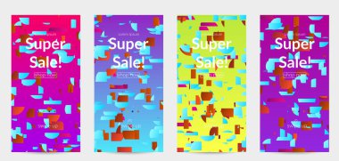 Soyut öyküler, arka planda küçük parlak kağıt parçaları olan şablonlar. Bozuk gradyan çizgileri olan dinamik modern tasarım. Basit renkli fütürist elementler.