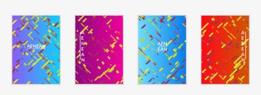 Değişken arkaplan üzerinde küçük parlak kağıt parçaları olan soyut el ilanı şablonları. Bozuk gradyan çizgileri olan dinamik modern tasarım. Basit renkli fütürist elementler.