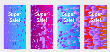 Soyut öyküler, arka planda küçük parlak kağıt parçaları olan şablonlar. Bozuk gradyan çizgileri olan dinamik modern tasarım. Basit renkli fütürist elementler.