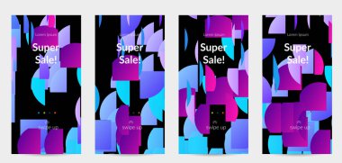 Parlak renkli rastgele çizgileri olan soyut öyküler. Dağılmış geometrik şekilli dinamik modern tasarım. Basit renkli fütürist elementler. Spor müziği sosyal medya düzeni.