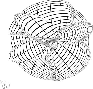 Soyut fütüristik üç boyutlu şekil ve görsel bozulma etkisi. Optik sanat geçmişi. Çarpık üç boyutlu kablo çerçevesi. Siyah beyaz mimari ağ dijital çizimi. Gelecekçi vektör çizimi izole edildi.