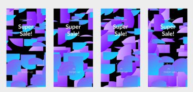 Parlak renkli rastgele çizgileri olan soyut öyküler. Dağılmış geometrik şekilli dinamik modern tasarım. Basit renkli fütürist elementler. Spor müziği sosyal medya düzeni.