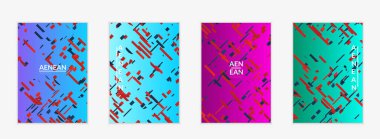 Değişken arkaplan üzerinde küçük parlak kağıt parçaları olan soyut el ilanı şablonları. Bozuk gradyan çizgileri olan dinamik modern tasarım. Basit renkli fütürist elementler.