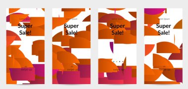 Parlak renkli rastgele çizgileri olan soyut öyküler. Dağılmış geometrik şekilli dinamik modern tasarım. Basit renkli fütürist elementler. Spor müziği sosyal medya düzeni.