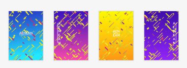 Değişken arkaplan üzerinde küçük parlak kağıt parçaları olan soyut el ilanı şablonları. Bozuk gradyan çizgileri olan dinamik modern tasarım. Basit renkli fütürist elementler.