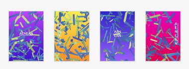 Değişken arkaplan üzerinde küçük parlak kağıt parçaları olan soyut el ilanı şablonları. Bozuk gradyan çizgileri olan dinamik modern tasarım. Basit renkli fütürist elementler.