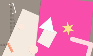 Soyut kağıt kesimi üst görünüm. Kağıt kesikli arka plan şablonu geometrik şekiller düz ve 3D gerçekçi gölge ile yatıyordu. Pastel renkler. Vektör sancak kağıt biçimi.