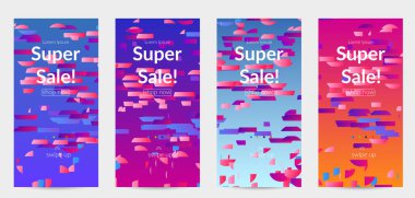 Soyut öyküler, arka planda küçük parlak kağıt parçaları olan şablonlar. Bozuk gradyan çizgileri olan dinamik modern tasarım. Basit renkli fütürist elementler.