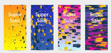 Soyut öyküler, arka planda küçük parlak kağıt parçaları olan şablonlar. Bozuk gradyan çizgileri olan dinamik modern tasarım. Basit renkli fütürist elementler.