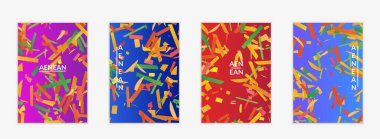 Değişken arkaplan üzerinde küçük parlak kağıt parçaları olan soyut el ilanı şablonları. Bozuk gradyan çizgileri olan dinamik modern tasarım. Basit renkli fütürist elementler.