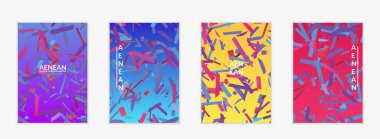 Değişken arkaplan üzerinde küçük parlak kağıt parçaları olan soyut el ilanı şablonları. Bozuk gradyan çizgileri olan dinamik modern tasarım. Basit renkli fütürist elementler.