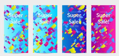 Soyut öyküler, arka planda küçük parlak kağıt parçaları olan şablonlar. Bozuk gradyan çizgileri olan dinamik modern tasarım. Basit renkli fütürist elementler.