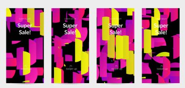 Parlak renkli rastgele çizgileri olan soyut öyküler. Dağılmış geometrik şekilli dinamik modern tasarım. Basit renkli fütürist elementler. Spor müziği sosyal medya düzeni.