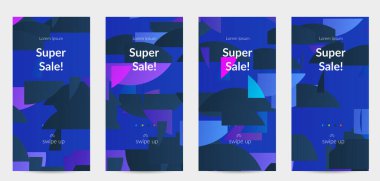 Parlak renkli rastgele çizgileri olan soyut öyküler. Dağılmış geometrik şekilli dinamik modern tasarım. Basit renkli fütürist elementler. Spor müziği sosyal medya düzeni.