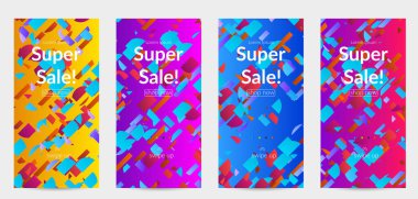 Soyut öyküler, arka planda küçük parlak kağıt parçaları olan şablonlar. Bozuk gradyan çizgileri olan dinamik modern tasarım. Basit renkli fütürist elementler.