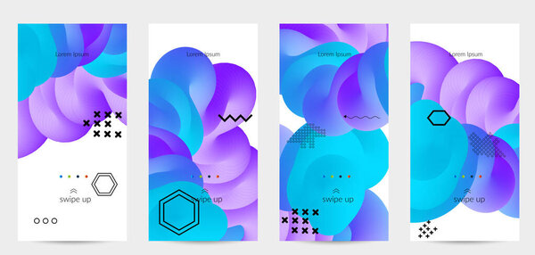 Яркие цветные рекламные шаблоны с 3D жидкой формой на белых и простых черных геометрических фигурах. Набор плакатов жидкого цвета. Творческая 3D смесь формирует динамическую композицию.