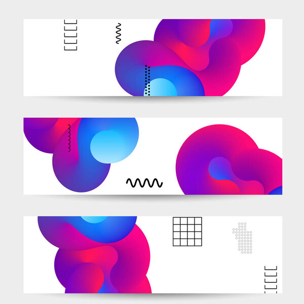 Яркие цветные шаблоны баннеров распродажи с 3D жидкой формой на белых и простых черных геометрических фигурах. Набор плакатов жидкого цвета. Творческая 3D смесь формирует динамическую композицию.