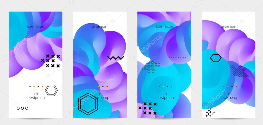 Яркие цветные рекламные шаблоны с 3D жидкой формой на белых и простых черных геометрических фигурах. Набор плакатов жидкого цвета. Творческая 3D смесь формирует динамическую композицию.