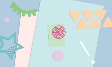 Soyut kağıt kesimi üst görünüm. Kağıt kesikli arka plan şablonu geometrik şekiller düz ve 3D gerçekçi gölge ile yatıyordu. Pastel renkler. Vektör sancak kağıt biçimi.