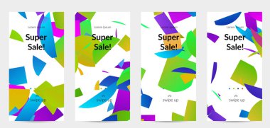 Parlak renkli rastgele çizgileri olan soyut öyküler. Dağılmış geometrik şekilli dinamik modern tasarım. Basit renkli fütürist elementler. Spor müziği sosyal medya düzeni.