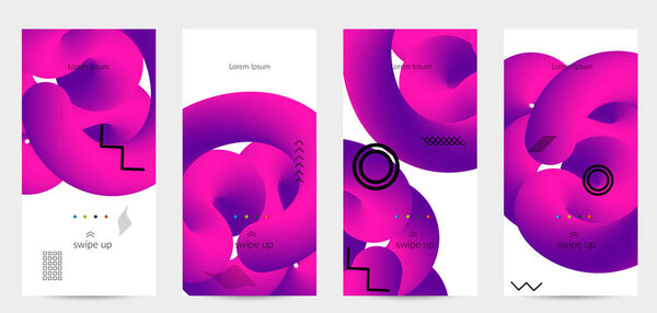 Яркие цветные рекламные шаблоны с 3D жидкой формой на белых и простых черных геометрических фигурах. Набор плакатов жидкого цвета. Творческая 3D смесь формирует динамическую композицию.