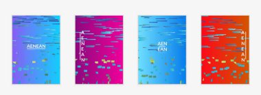 Değişken arkaplan üzerinde küçük parlak kağıt parçaları olan soyut el ilanı şablonları. Bozuk gradyan çizgileri olan dinamik modern tasarım. Basit renkli fütürist elementler.