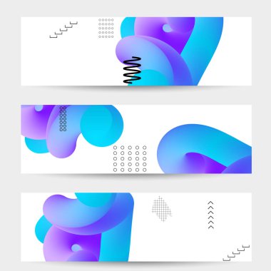 Beyaz ve basit siyah geometrik şekiller üzerinde 3D sıvı şekilli parlak renkli pankart şablonları. Akışkan renk pankartları ayarlandı. Yaratıcı 3B karışım, dinamik bileşimi şekillendirir.