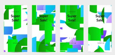 Parlak renkli rastgele çizgileri olan soyut öyküler. Dağılmış geometrik şekilli dinamik modern tasarım. Basit renkli fütürist elementler. Spor müziği sosyal medya düzeni.