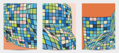 Kare piksel mozaik şekli bozulmuş. Düz retro renklerin üzerine siyah tel çerçeve. Soyut hava balonu vektör arkaplanı.