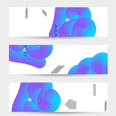 Beyaz ve basit siyah geometrik şekiller üzerinde 3D sıvı şekilli parlak renkli pankart şablonları. Akışkan renk pankartları ayarlandı. Yaratıcı 3B karışım, dinamik bileşimi şekillendirir.